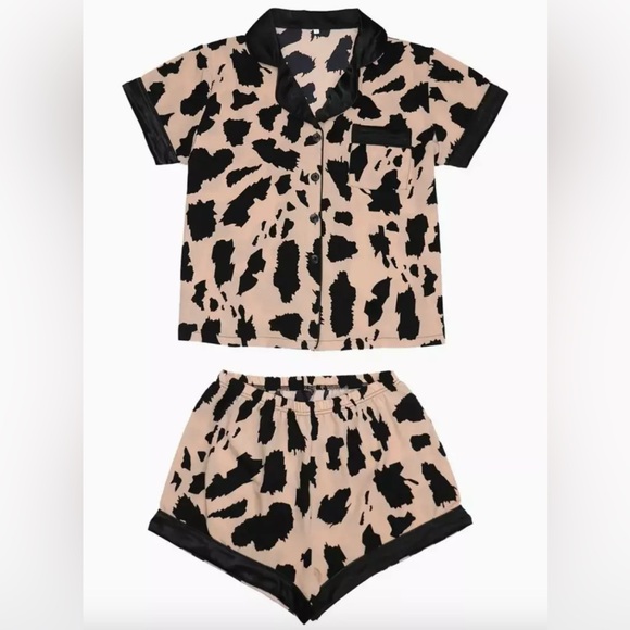 Other - Satin Short Sleeve Pajama Set in Beige & Black - Women's Two-Piece Sleepwear